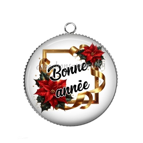 Pendentif cabochon bonne année, métal et èpoxy 25 mm