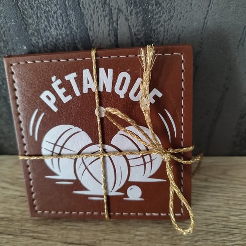 Lot de 4 dessous de verre pétanque en similicuir marron