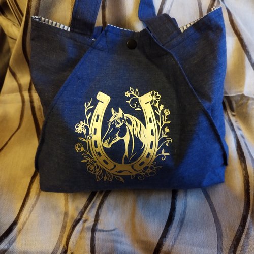 Sac fourre-tout en tissu enduit et flocage - motif cheval & fers à cheval - pièce artisanale