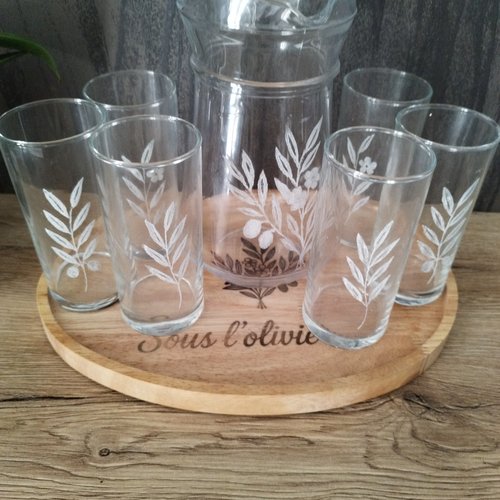 Service de table "sous l'olivier" - pichet, 6 verres et plateau assorti - fait main