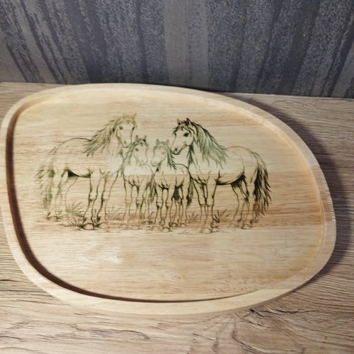 Plateau en bois motif chevaux de 22 x 31 cm - fait main