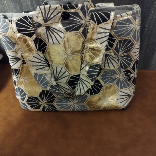 Sac à main compact à anses – tissu géométrique japonais asanoha noir, gris et doré