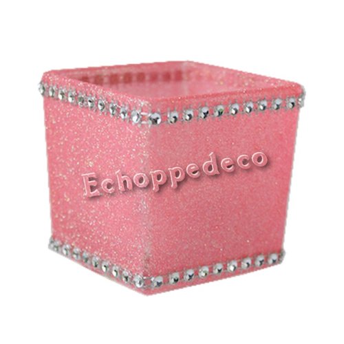 Bougeoir verre carré pailleté orange fluo strass argent