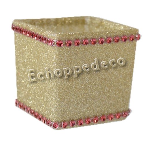 Bougeoir carré verre pailleté or strass rouge
