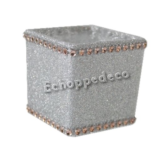 Bougeoir carré verre pailleté argent strass saumon