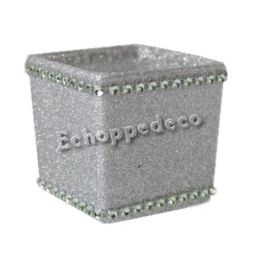 Bougeoir carré verre pailleté argent strass vert pâle