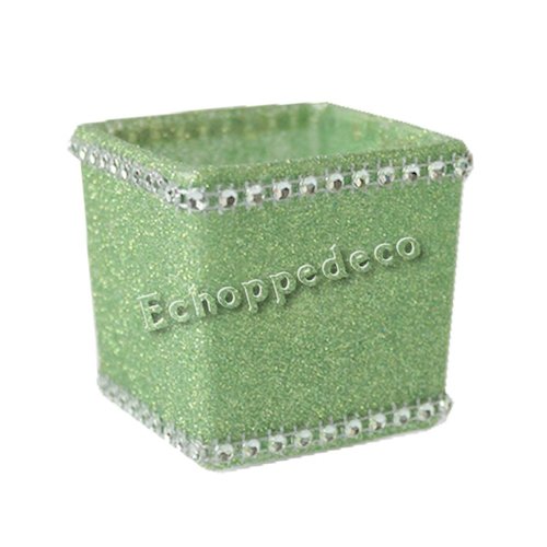 Bougeoir carré verre pailleté vert strass argent