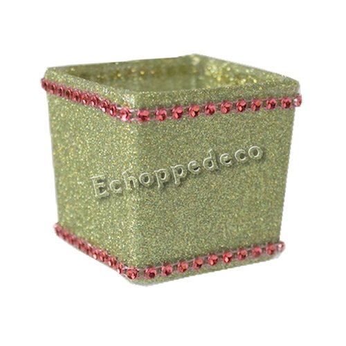 Bougeoir carré verre pailleté vert anis strass rouge