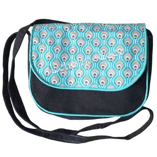 Sac besace " plumes de paon bleu turquoise "