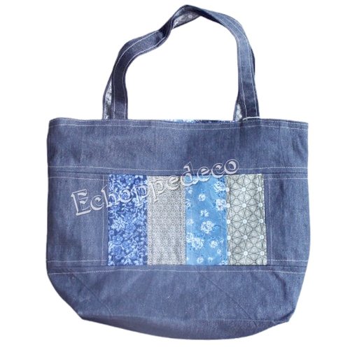 Sac cabas patchwork  " bandes bleu, beige "