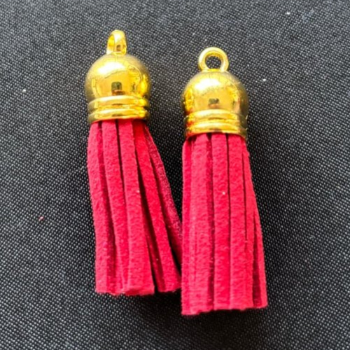 Lot de 2 pompons glands en suédine rouge 36mm embouts calottes couleur doré