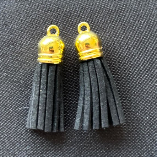 Lot de 2 pompons glands en suédine noir  36mm embouts calottes couleur doré