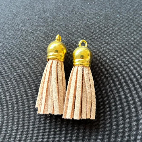 Lot de 2 pompons glands en suédine beige 36mm embouts calottes couleur doré