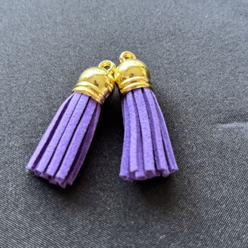 Lot de 2 pompons glands en suédine violet  36mm embouts calottes couleur doré