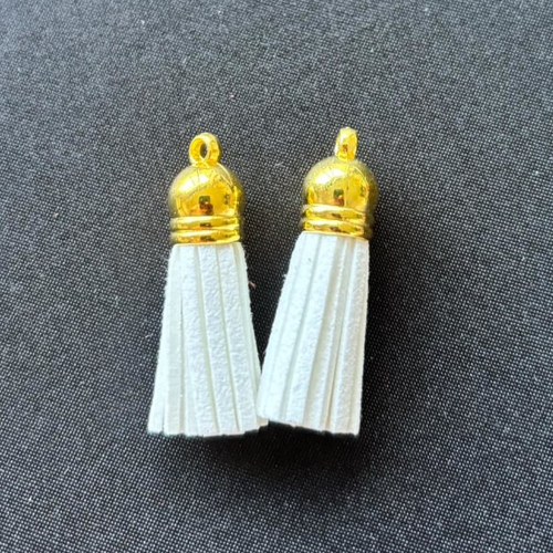 Lot de 2 pompons glands en suédine blanc  36mm embouts calottes couleur doré