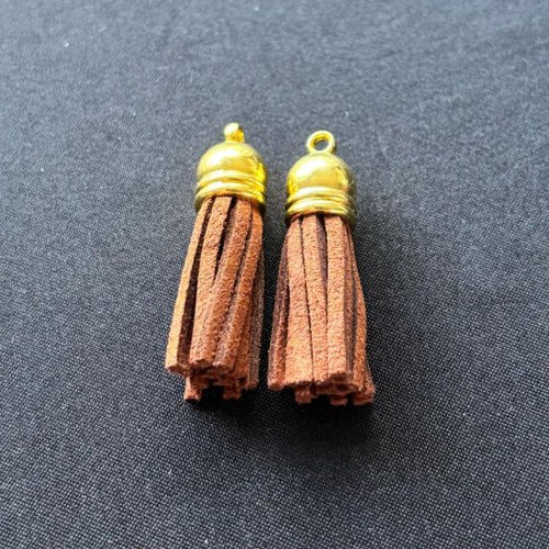 Lot de 2 pompons glands en suédine marron 36mm embouts calottes couleur doré