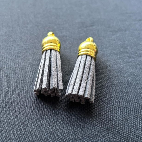 Lot de 2 pompons glands en suédine gris foncé 36mm embouts calottes couleur doré