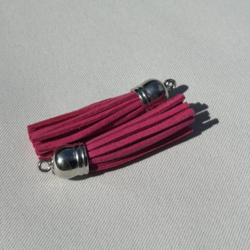 Lot de 2 pompons glands en suédine rose foncé d'environ 6 cm embouts calottes couleur argenté