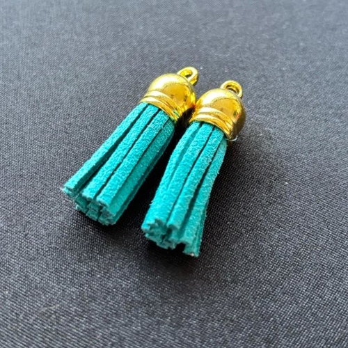 Lot de 2 pompons glands en suédine turquoise 36mm embouts calottes couleur doré