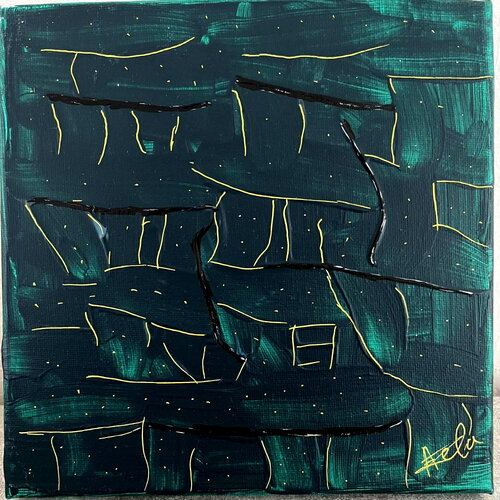 Tableau peint sur toile technique acrylique 20x20 fragments dorés