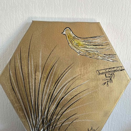 Tableau - azela - l'envol doré - acrylique hexagone largeur max 28 cm -oiseau branche or