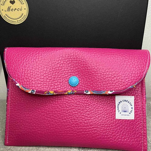 Pochette similicuir et coton fleuri 19x14cm -"fleur de sourire"ou "pochette smiley"  -bouton pression en forme de smiley