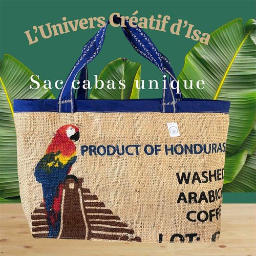 Sac cabas « honduras spirit» – sac unique en toile de jute et coton bleu- l'univers créatif d'isa