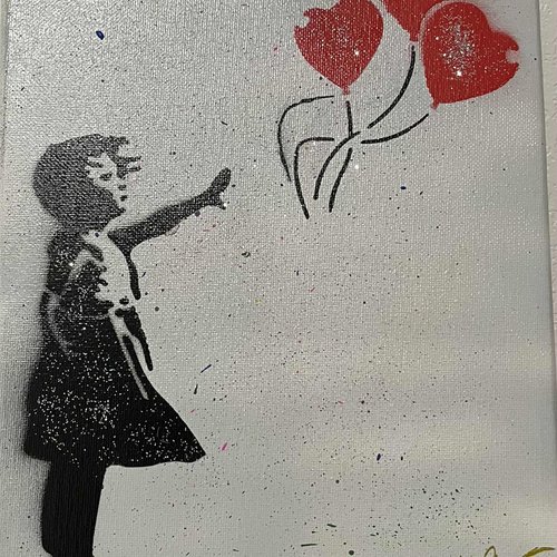 Tableau peinture mixte sur toile- azela - l'envol des coeurs 22x27 street art poétique inspiré du style de la “petite fille au ballon”