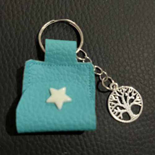 Porte-clefs, porte-bonheur (pour jeton de caddie) similicuir vert 5x4.5 cm-"espoir" -bouton pression étoile