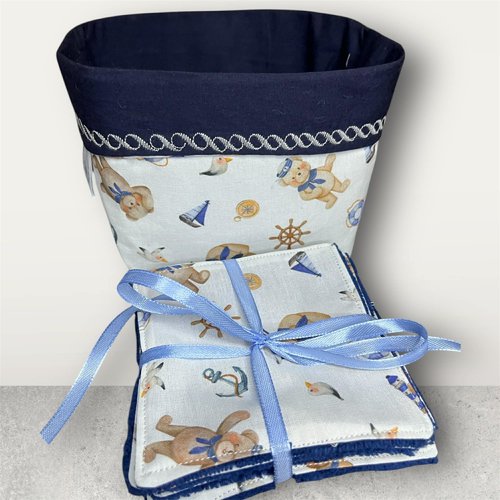 Panier en tissu et 8 lingettes en coton bambou- nounours marins - l'univers créatif d'isa