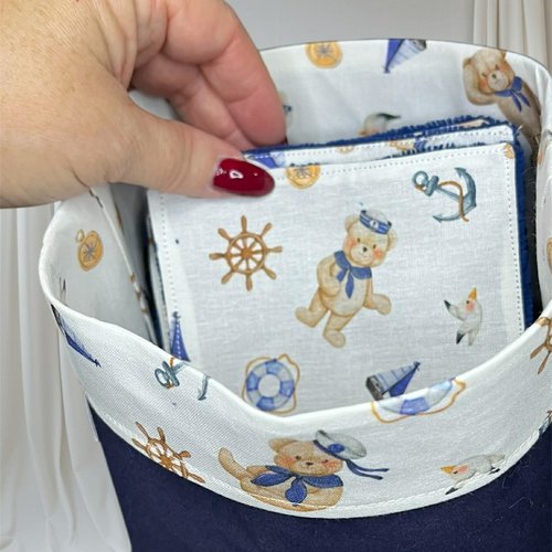 Panier en tissu et 8 lingettes en coton bambou- nounours marins 2 - l'univers créatif d'isa