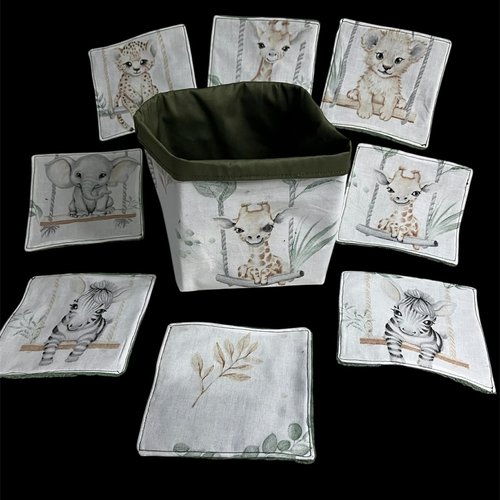 Panier en tissu et 8 lingettes en coton bambou- animaux de la savane - l'univers créatif d'isa