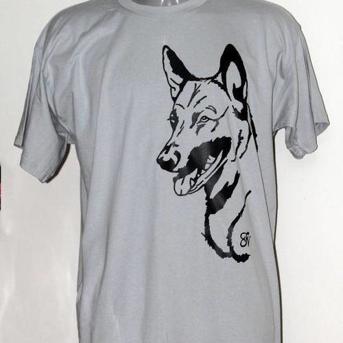 Ts, t-shirt, tee shirt gris flocage berger belge malinois  dessin au trait.