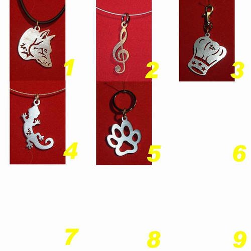 Porte cle, pendentif bijou en acier inox inoxydable représentant un loup, toque cuisine,gecko salamandre, patte chien chat, cle de sol