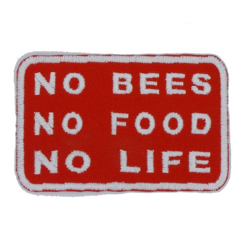 Écusson patch applique brodé abeille 'no bees, no food, no life' thermocollant / scratch / auto agrippant 8,5 x 5,5 cm