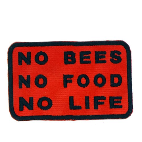 Écusson patch applique brodé abeille 'no bees, no food, no life' broderie machine thermocollant / scratch / auto agrippant 8,5 x 5,5 cm