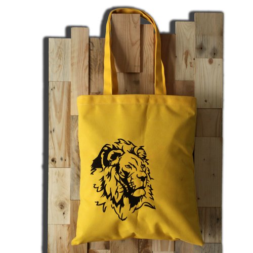 Tote bag brodé tissu et fabrication france, totebag, sac à course, porte document, dessin au trait de lion. broderie.by team numérik