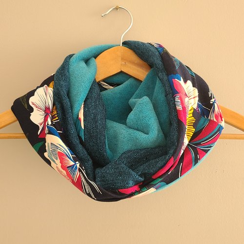 Snood femme bleu turquoise et  fleurs