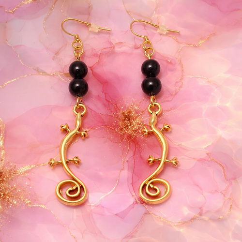 Boucles d'oreilles dorées salamandre obsidienne noire