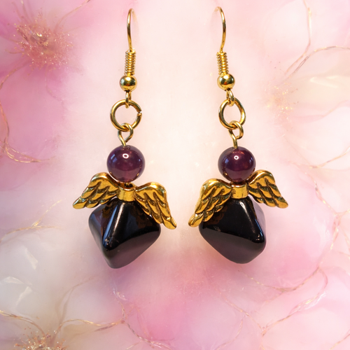 Boucles d'oreilles dorées ange perles en jais et améthyste