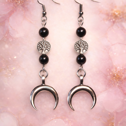 Boucles d'oreilles argentées perles hématite connecteur arbre de vie et pendentif lune