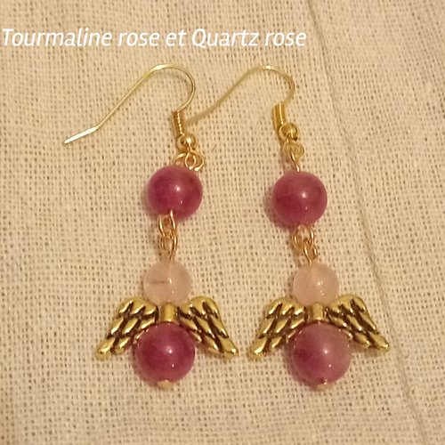 Boucles d'oreilles dorées ange tourmaline rose et quartz rose