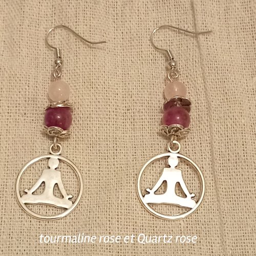 Boucles d'oreilles argentées méditation en tourmaline rose et quartz rose