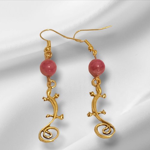 Boucles d'oreilles dorées salamandre tourmaline rose