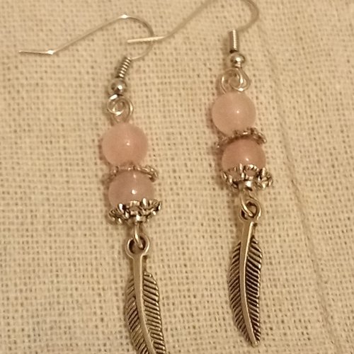 Vendues boucles d'oreilles argentées pendentif plume en quartz rose