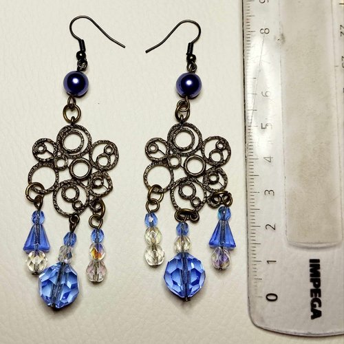 Grandes boucles d'oreille bleues et cristal et vieil or