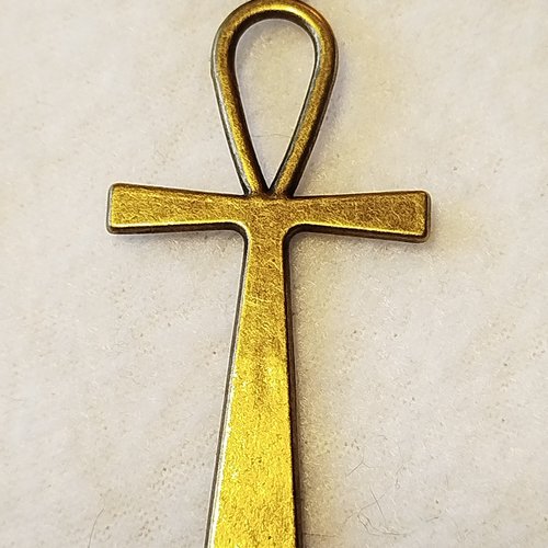 Collier souple : cordon coton enduit et pendentif croix égyptienne ânkh métal bronze