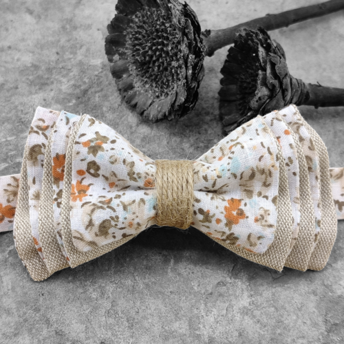 Noeud papillon plissé à fleurs liberty terracotta, pochette de costume, boutons de manchette - mariage, cérémonie