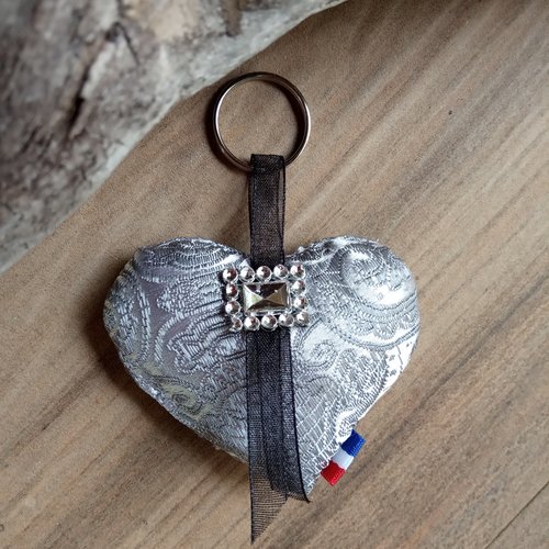 Porte-clés coeur tissu gris argent