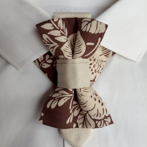 Noeud papillon vertical beige et marron à fleurs - cravate originale, mariage, cérémonie